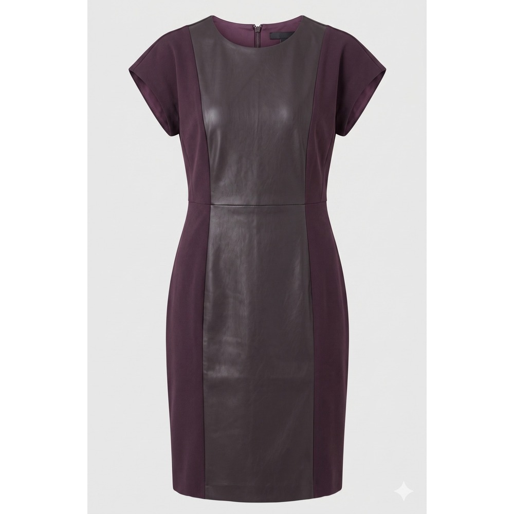Ann‎ Taylor Brown Faux Leather Mixed Media Sheath Dress Cap Sleeve 6 NEW
